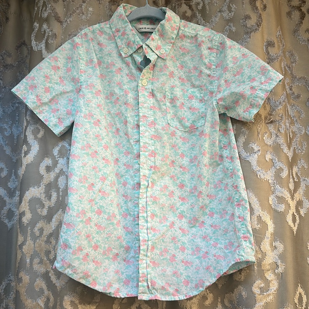 Janie and Jack Floral Kids Shirt Green and Pink Size 7